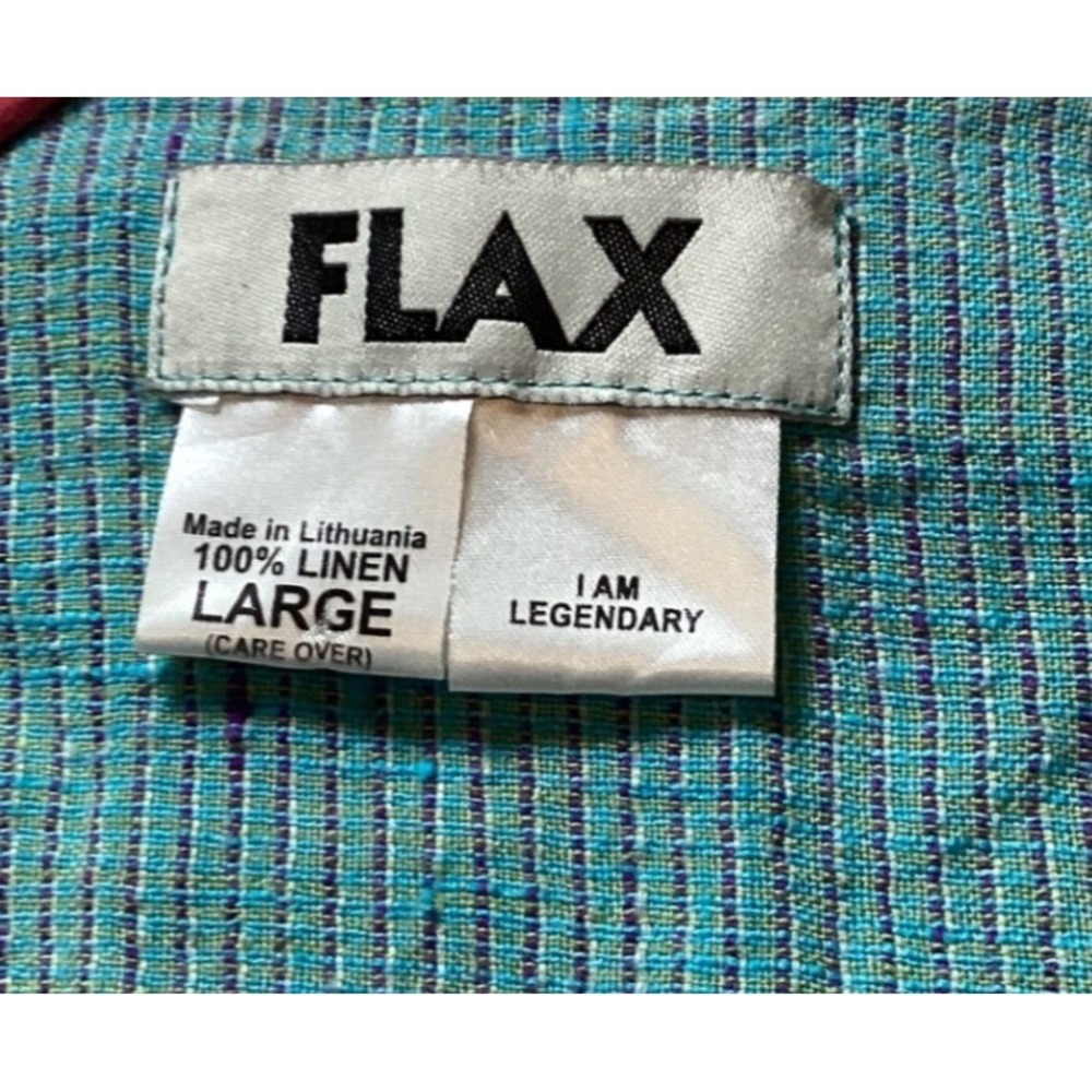 FLAX 100% Linen Turquoise Blue Stripe Short Sleeve Button Up Shirt L Minimalist - Picture 3 of 7